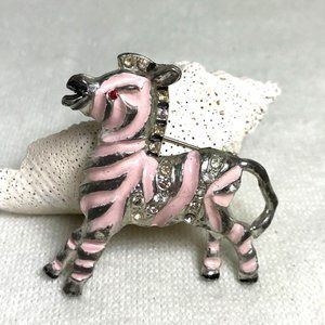 Pink and Black Zebra Brooch Silver Tone with Rhinestones & Magenta Eye - 2 1/4"